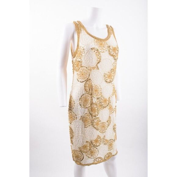 Vintage Interlude CA Womans Evening Shift Dress Size M Ivory Gold Beaded Silk - Picture 2 of 6